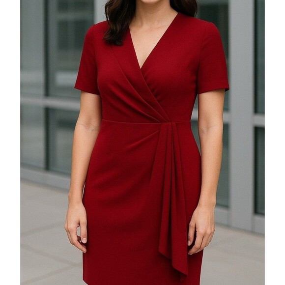 Badgley Mischka Dress 6 Womens Ruby Red Ruched Pleated Drape Sheath Career New - Picture 1 of 13